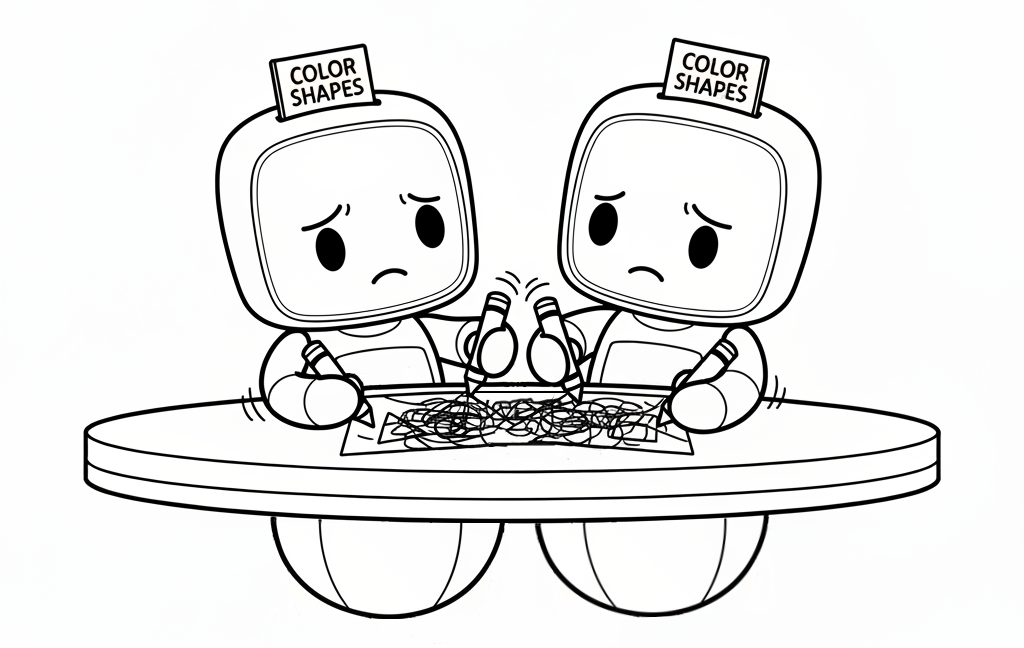 Two ToddlerBots color the same page and create a mess