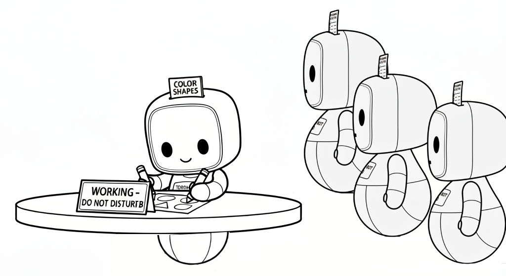 Only one ToddlerBot colors in the page. Other ToddlerBots wait for their turn